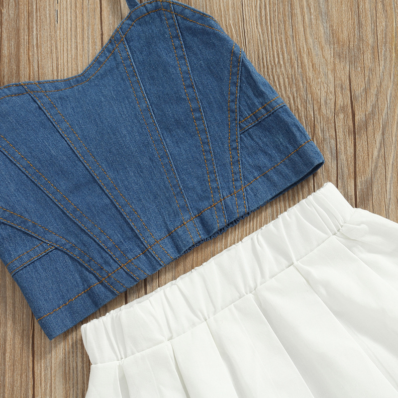 Conyson Fashion Kids Girls Casual Jean Vest Short Skirts Outwear Summer Suits Little Girl White Pleated Dresses 2pcs Outfits