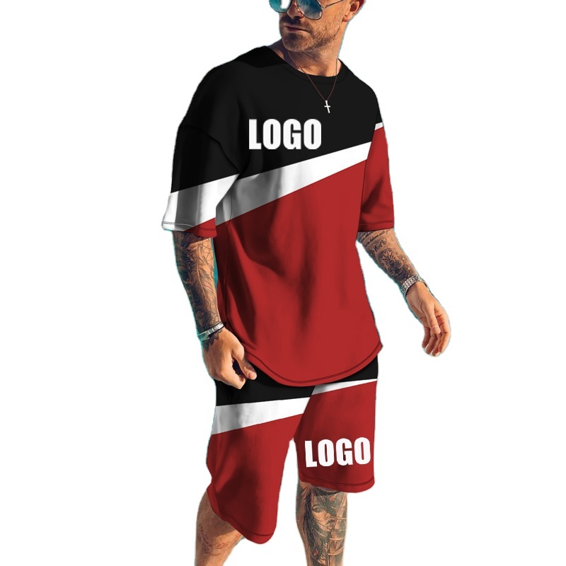 hot sale rts summer Custom logo Made Outdoor men jogger Clothes suit patchwork color clothing two-piece adult t-shirt short Set
