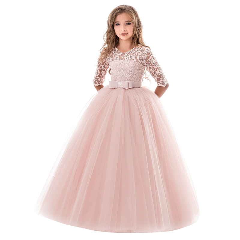 high quality popular hot sale 5 pure colors Girl Princess Dress Kids o-neck Lace Half Sleeve Flower Girls party Dresses