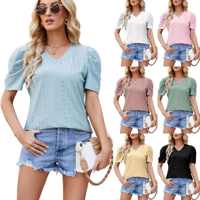Conyson Latest Design Summer Solid V Neck 210 grams Fashion Shirring Design Bubble Sleeve Quick Dry White Seamless T-shirt Women