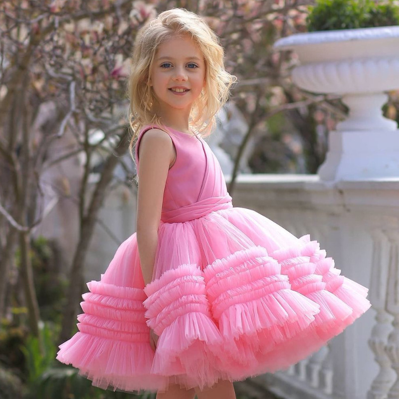 Conyson Wholesale Kids Clothes Summer Mesh Lace Sleeveless Flower Layered Princess Fashion Vintage Ceremony Clothing Tutu Dress