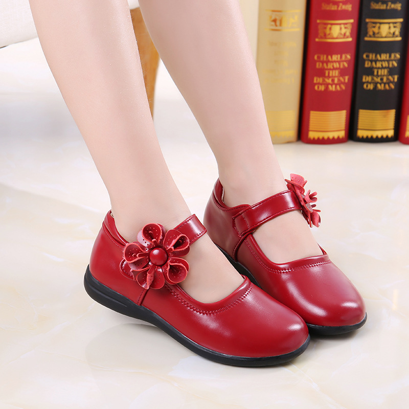 Conyson Wholesale Baby Girl Dress Shoes School Kids Soft Soled Princess Shoes Mary Jane Shoes With Flower Buckle Strap