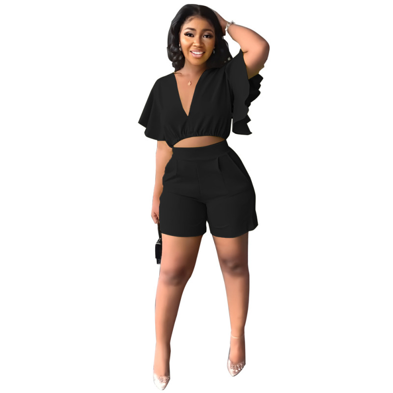 Custom 2023 Wholesale Summer Sexy Ruffled V-neck Top Fitness Outfit Seamless Puff Sleeve Cozy Two Pieces Matching Women Set