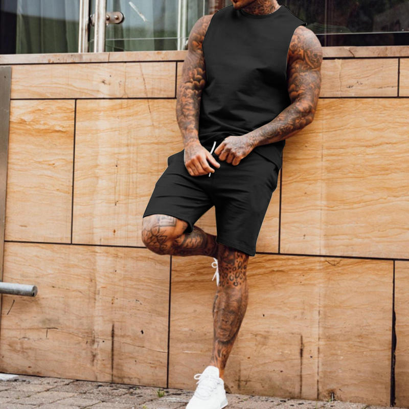 Conyson wholesale summer full set cotton clothes sport wear top and short beach jogger 2 pieces tracksuit men sets
