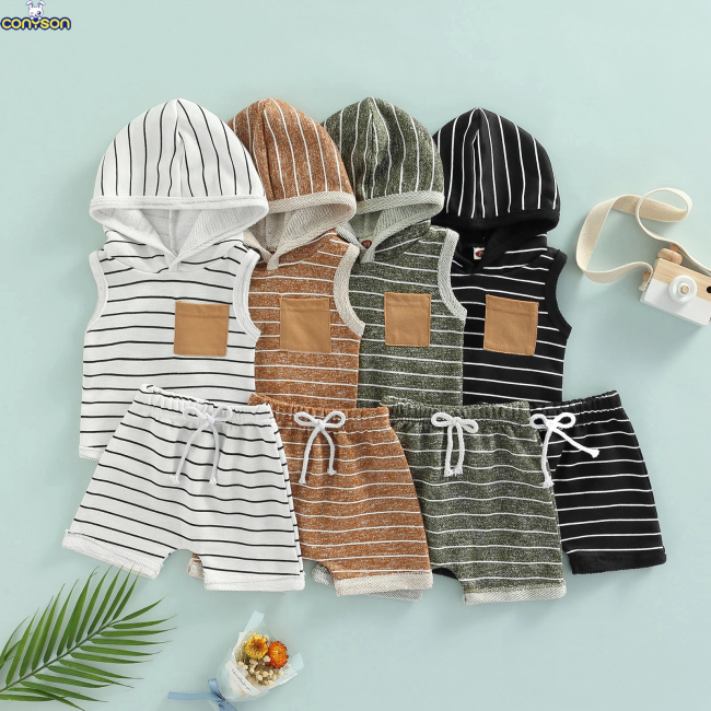 Conyson summer kids bulk wholesale korea fashion design baby boy hoodie shorts cotton clothing suit casual 2 pieces clothes set