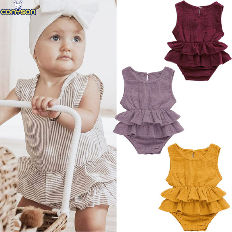 Conyson ins hot sale summer fashion linen Sleeveless pure color toddler kids clothing Rompers wear new born baby clothes rompers