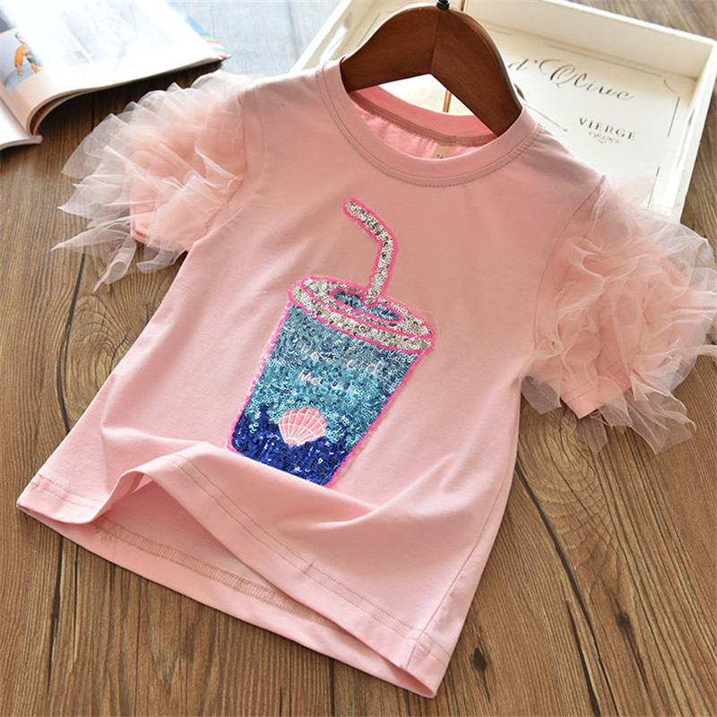 2021 New Hot Sell Summer girls t shirt Baby tee kids tops Children fashion clothes milk cup bling sequins top tees