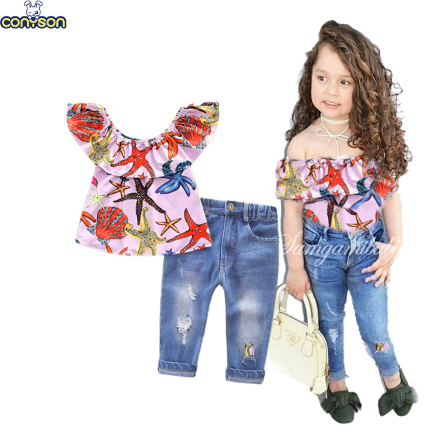 Conyson Wholesale Low Price Market 2023 Summer Girls' Suit Cartoon Sleeveless T-shirt Jeans Western New Ripped Pants Girl Set