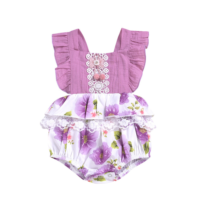 Conyson Hot Sale New Designer European Kids Clothes Princess Sleeveless Jumpsuit Flower Print Hairball Lace Baby Girls Rompers