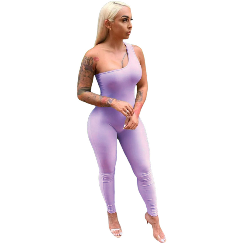 Summer Women's Casual Clothing Solid Skinny Sleeveless Bodysuit Ladies Romper Slim One-shoulder Long Pants Women Jumpsuit