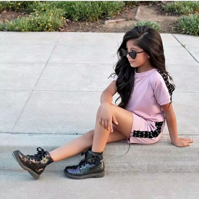Conyson Wholesale Hot New Kids Clothes Children Summer Baby Little Girls Short Sleeves T-shirt Shorts String Design Clothing Set
