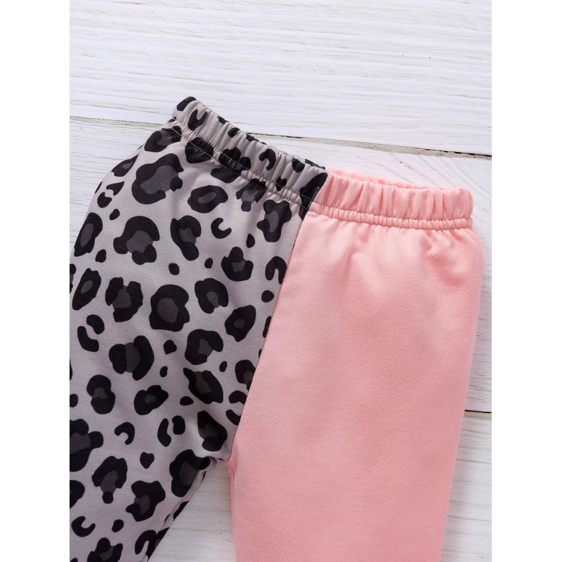 Conyson Girl's Two Piece Set Children's Leopard Printed Color Block Crew Neck Long Sleeve Pullover Pants Set
