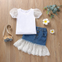 Conyson Summer Fashion Kids Girl Clothes Sets Solid Lace Puff Sleeve T-Shirts Floral Ruffles Denim Skirts Two Piece Children Set
