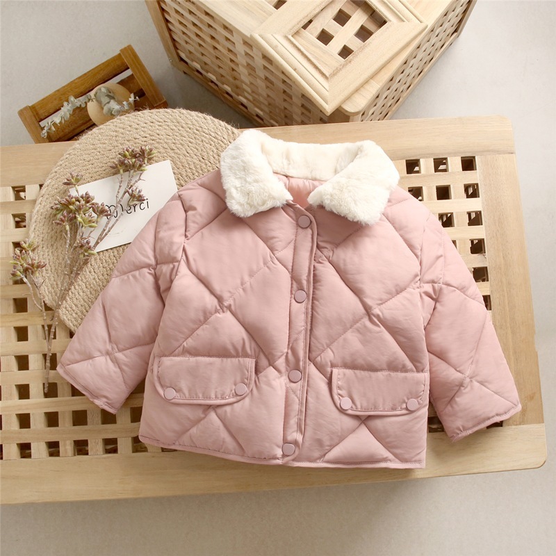 Loose Down Cotton Padded Jacket Baby Boy Girl Clothing Solid Color Diamond Plaid Fleecy Wool Collar Coat