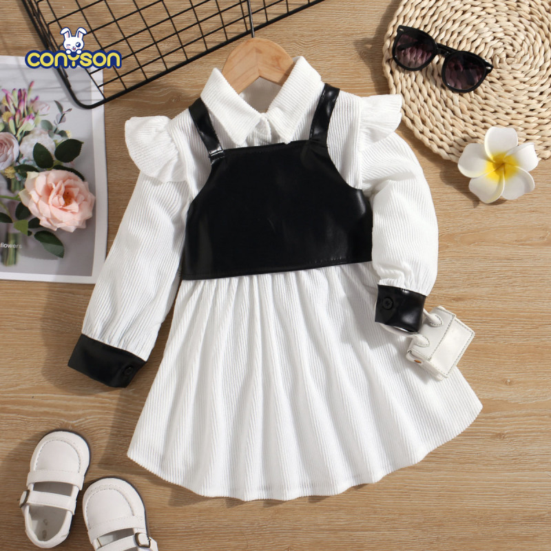 Conyson Wholesale Fashion Children Clothes Suits PU Leather Vest Long Ruffle Long Sleeve Knit Flower Dresses Baby Girls Outfits