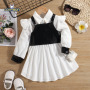 Conyson Wholesale Fashion Children Clothes Suits PU Leather Vest Long Ruffle Long Sleeve Knit Flower Dresses Baby Girls Outfits