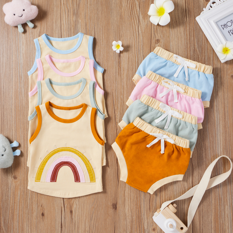 Conyson  Newborn Baby Girls Boys Clothes Sets Kids Clothes Custom Cotton Colors Rainbow Print Sleeveless Vest Tops Shorts Sets