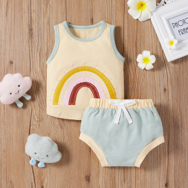 Conyson  Newborn Baby Girls Boys Clothes Sets Kids Clothes Custom Cotton Colors Rainbow Print Sleeveless Vest Tops Shorts Sets