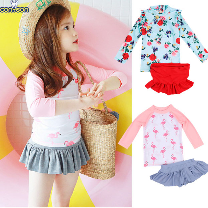 Conyson Wholesale Summer Beach Kids Clothes Two Piece Baby Girls Long Sleeve Flamingo Bikini Children Ruffle Beachwear Swimwear