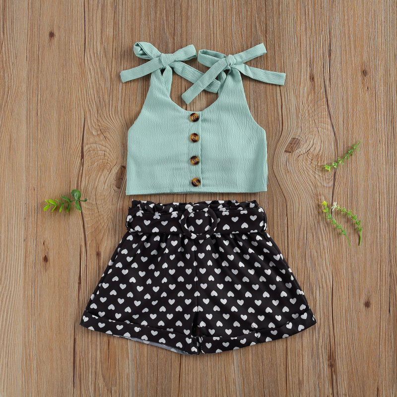 Conyson Toddler Baby Girl Summer 2Pcs Set Solid Bandage Suspender Tops + Polka Dot Elastic Heart Short Pants Casual Outfits