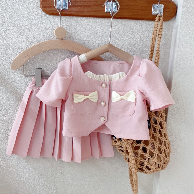 Conyson hot sale fashion summer Latest korean design Style pleated Skirt Set Toddler Girl Pink Kids bowknot 2 pieces clothes Set