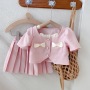 Conyson hot sale fashion summer Latest korean design Style pleated Skirt Set Toddler Girl Pink Kids bowknot 2 pieces clothes Set