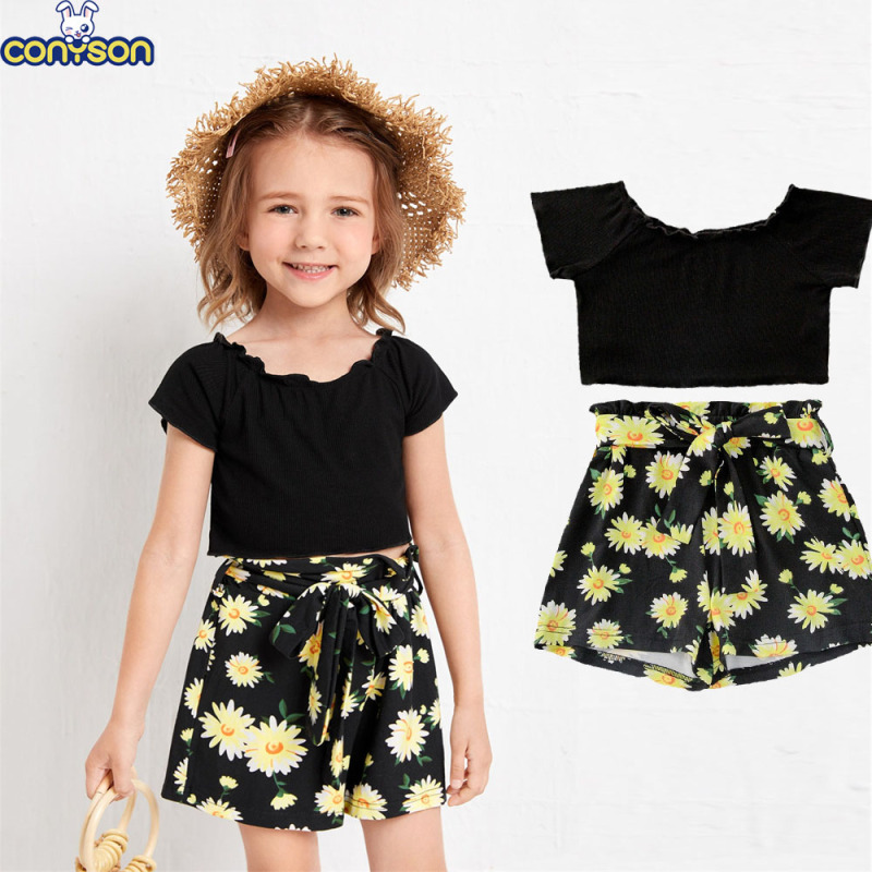 Conyson Hot Sale European and American Kids Clothes Outfit Suit Black Stripe Tops+Flower Belt Bow Shorts Kid Girls Clothing Sets