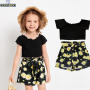 Conyson Hot Sale European and American Kids Clothes Outfit Suit Black Stripe Tops+Flower Belt Bow Shorts Kid Girls Clothing Sets