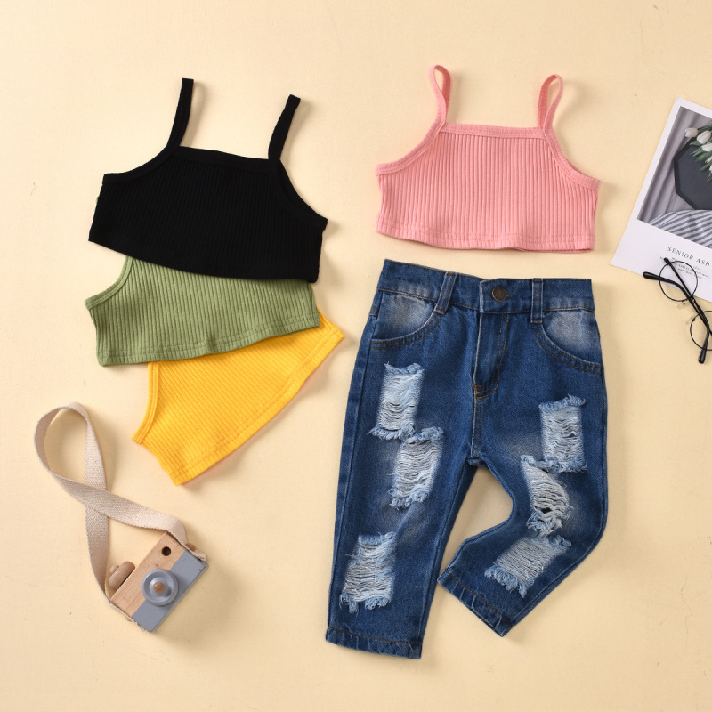 Conyson Fashion Casual Baby Girls Clothes Summer Kids Sleeveless Solid Vest Ribbed Crop Top Ripped Denim Pants 2pcs Tracksuits