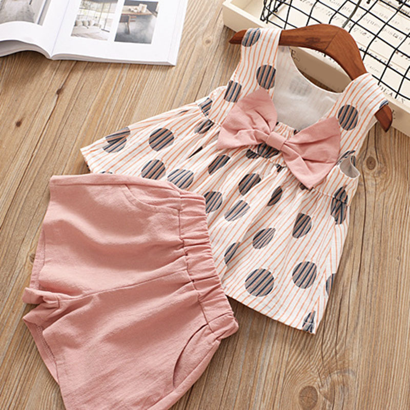 Baby Girl Summer Clothes Polka Dot Printed Sleeveless Tops Big Bow Pure Color Shorts Girls Outfits Girls Bow Knot Two Piece Set