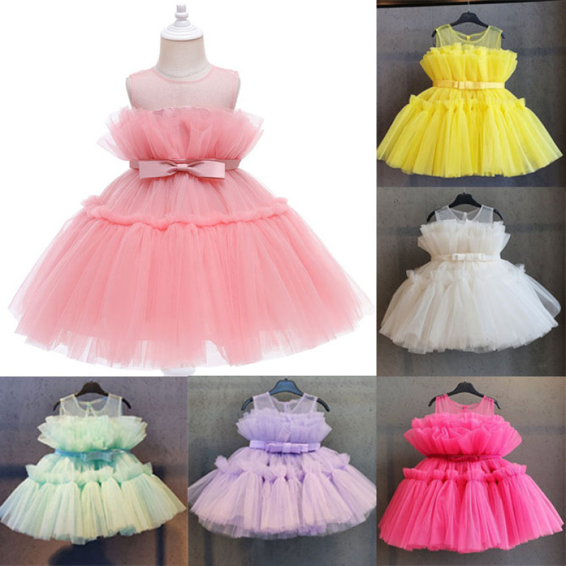 Conyson hot sale rts boutique summer fashion floral sleeve Baby Birthday solid color ball gown Kids Girls Princess Party Dresses