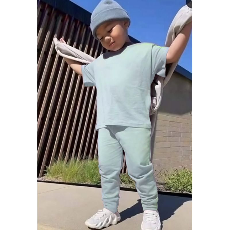 Conyson Summer Kids Boys Cotton Outfit O-neck T-shirt Tops Long Pants Toddler Baby Boy Sweatshirts Solid Kids Jogging Suits