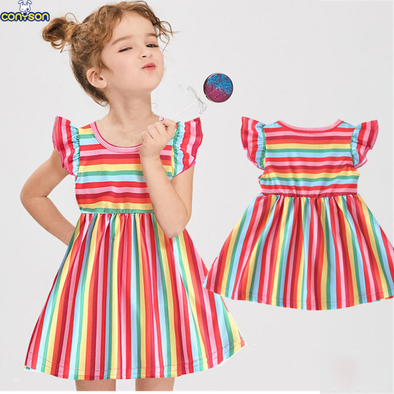 Conyson New Hot Sale Summer Kids Clothing Cotton Colorful Rainbow Striped Sleeveless Ruffle Sleeve Princess Vest Sweet Dress