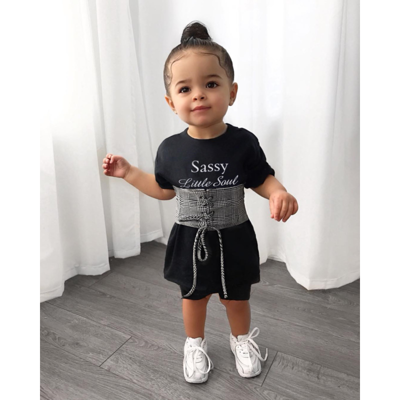 Wholesale Long Sleeve T-Shirt Dress+Plaid Waist Band Children Spring Outfit Baby Girls Boutique Bell Sleeve Black Dress