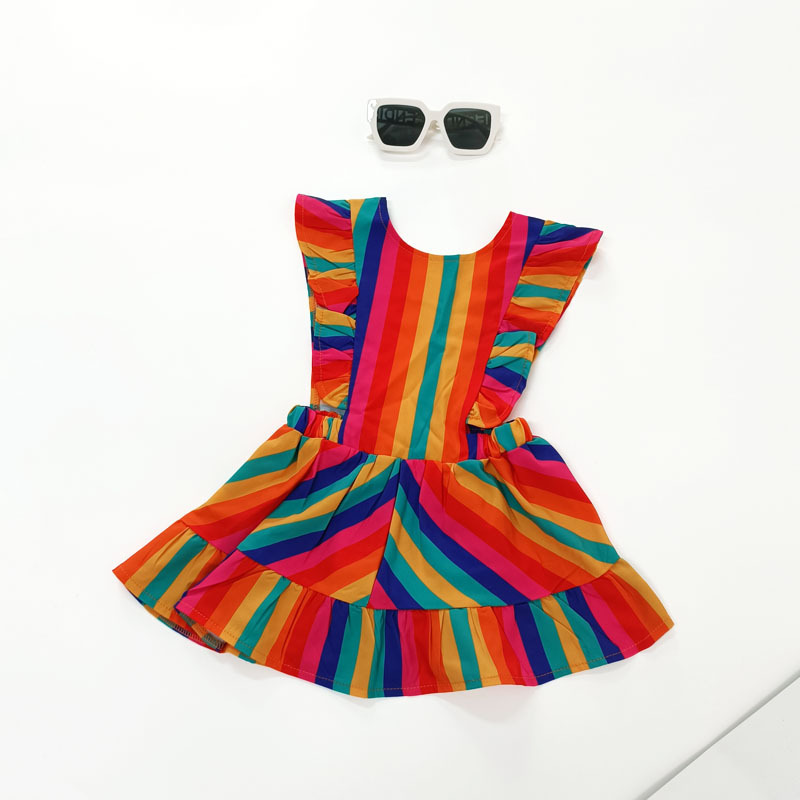 Conyson Cotton Casual Princess Short Dresses Colorful Rainbow Striped Sleeveless Ruffle Little Girls Pinafore Dress