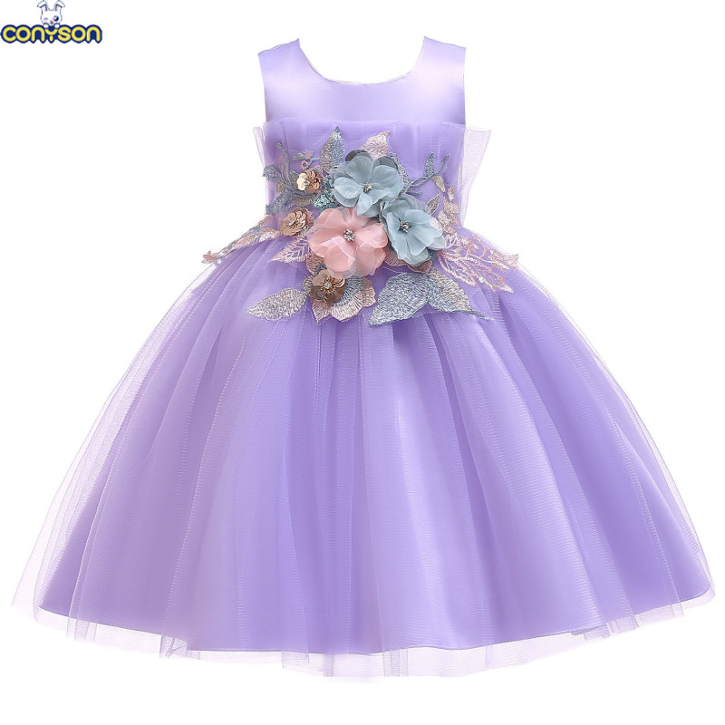 Conyson high quality rts boutique summer sleeveless Baby girl embroidery floral Birthday ball gown Kid Girl Princess Party Dress