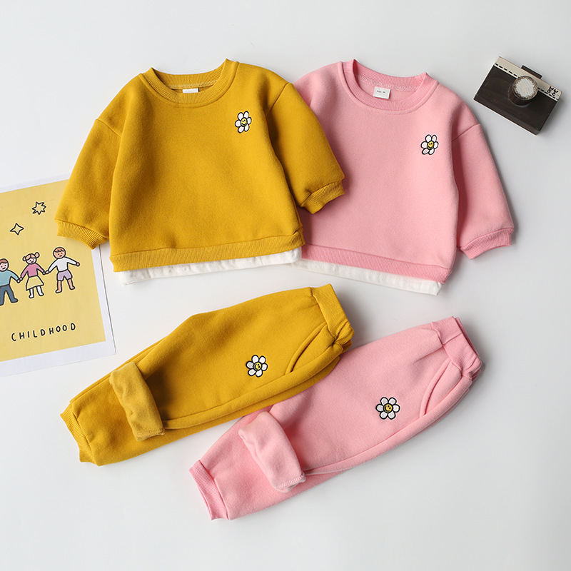 Conyson Designer Flower Print Long Sleeve Pullover Long Pant Solid Sportswear Children's Girls Clothes 2 Piece Outfit Suits