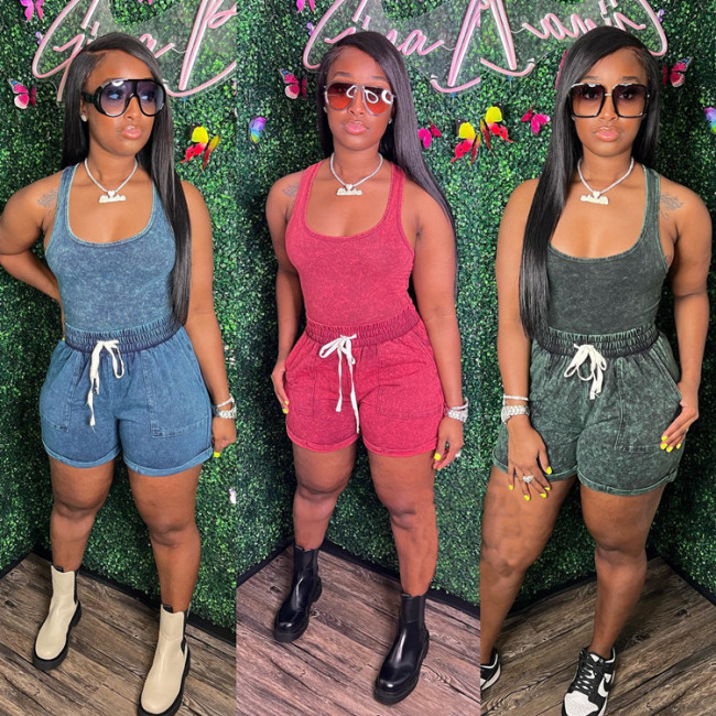 2023 Summer New 2 Piece Set Solid Tie Dye Printed Vest Shorts Suit Tied Rope Fitness Workout Yoga Sports Two-Piece Women Set