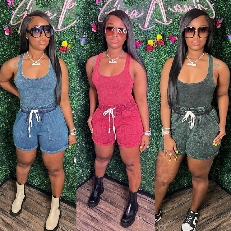 2023 Summer New 2 Piece Set Solid Tie Dye Printed Vest Shorts Suit Tied Rope Fitness Workout Yoga Sports Two-Piece Women Set