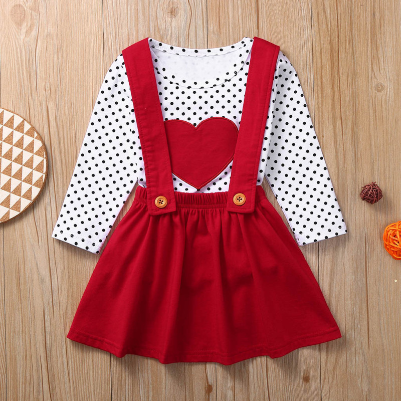 Conyson Wholesale New Designer Valentine's Day Kids Gift Clothes Long Sleeve Dots Tops+Halter Layered Kids Girls Clothing Set