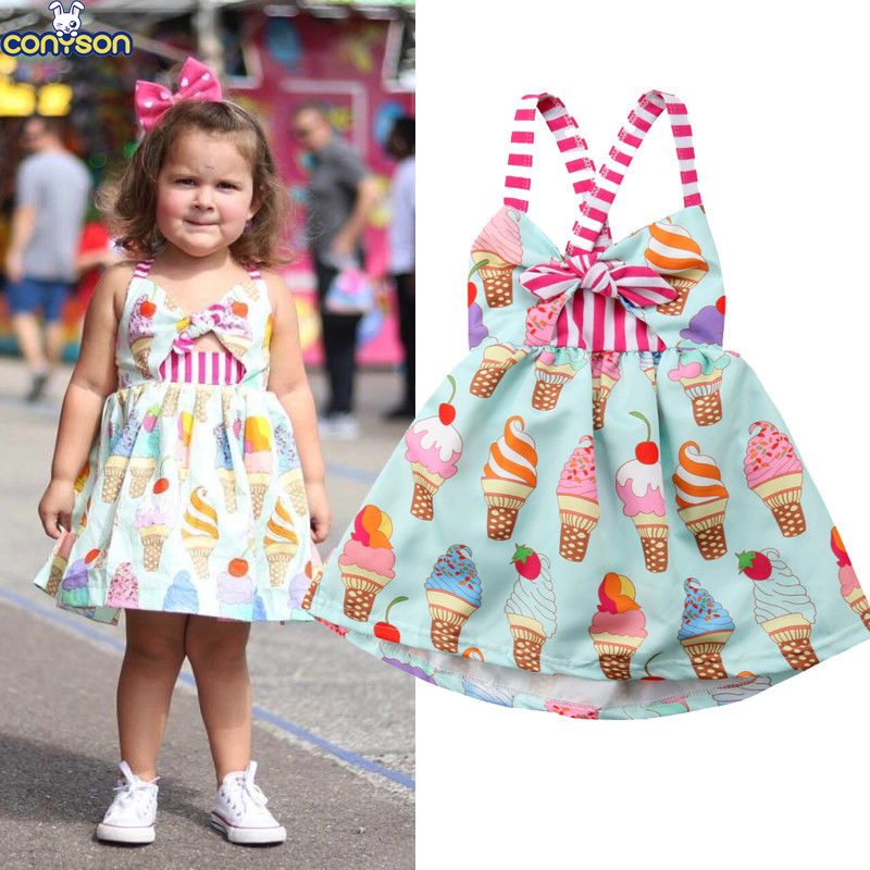 Conyson Wholesale Princess Girls Summer Toddler Kids Sleeveless Ice Cream Print Strap Tutu Party Dress Sundress Clothes Casual