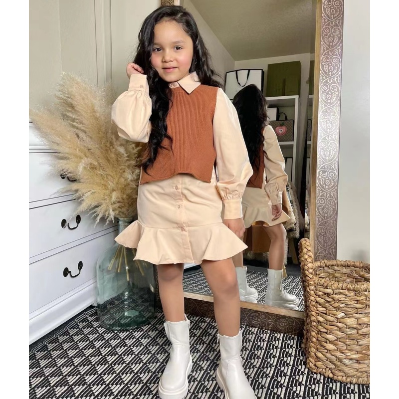 Conyson Hot Sale Vest+Shirt Dresses 2 Piece Kids Clothes Set Elegant Solid Button Shirts Children Fashion Outfits