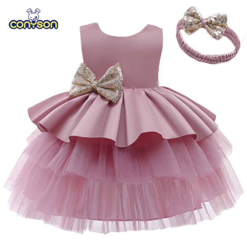 Conyson Tulle Lace Girl Dress Elegant Princess  Pageant Birthday Party Sequin Leak Back Dress Newborn baby little girl dress