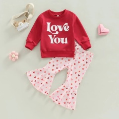 Conyson New Arrival Spring Autumn O-neck Long Sleeve Letter Hoodie Love Bell Bottom Sweet Style 3-8yrs Kids Girls Two Piece Sets