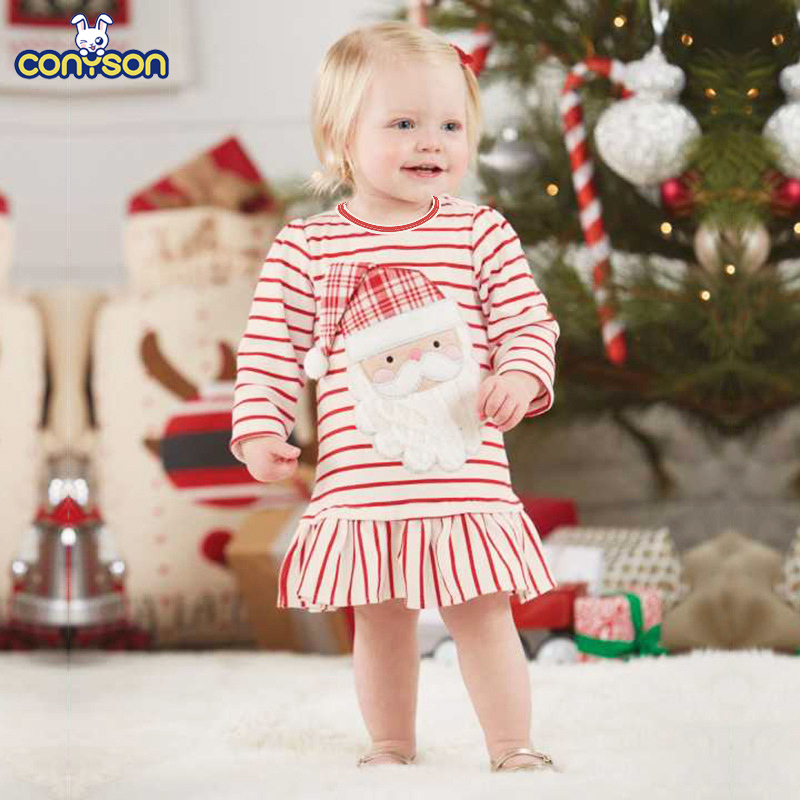 Conyson Hot Sale Sweet Autumn Winter Christmas Long Sleeves Infant Skirt Pure Cotton Baby Santa's New Year Girl's Striped Dress