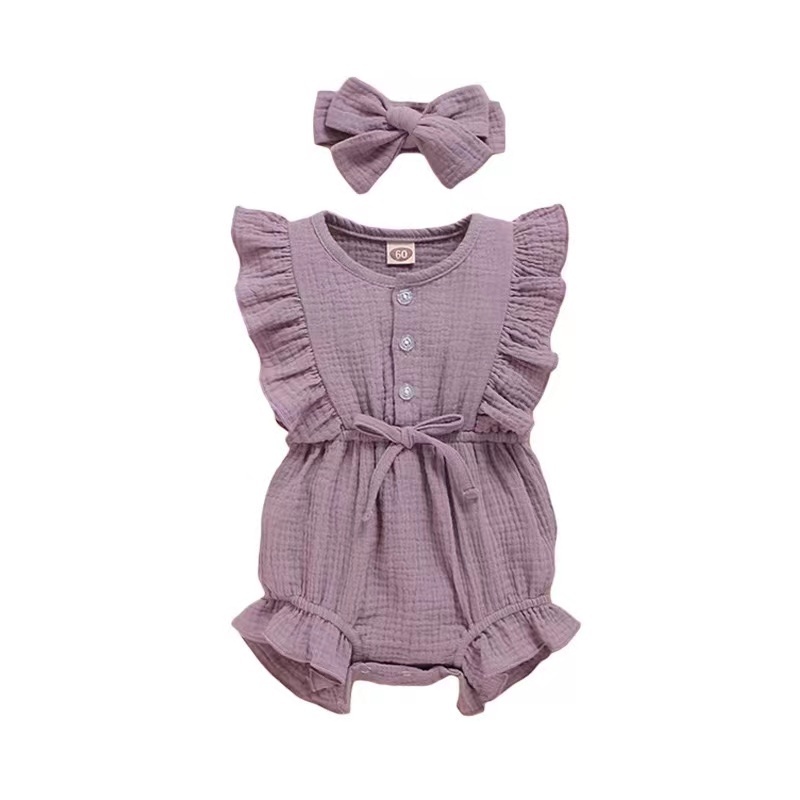 Conyson Newborn Baby Clothes Summer Jumpsuit Headband 2pcs Sets Sleeveless Custom Infant Ruffles Short Baby Girls' Romper