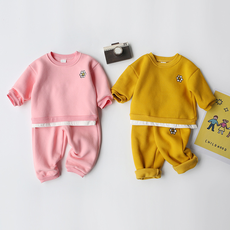 Conyson Designer Flower Print Long Sleeve Pullover Long Pant Solid Sportswear Children's Girls Clothes 2 Piece Outfit Suits