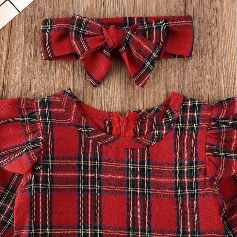 Conyson Baby Girls Christmas Dress Long Sleeve Red Plaid Princess Dresses For Newborn Red Party Xmas Dress Hairbands Set