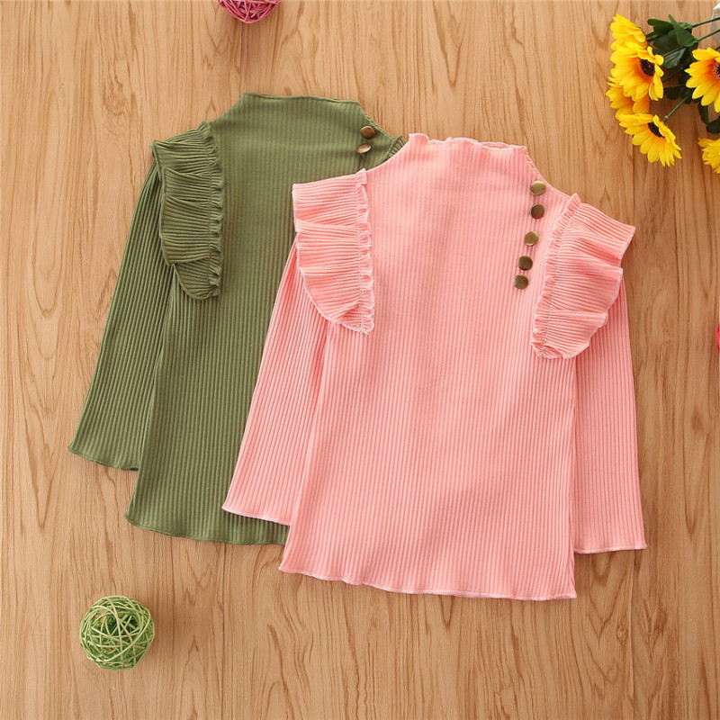 Conyson Fashion Kids Summer Girls Clothes Sets 2pcs Ruffles Solid Knit Long Sleeve Pullover Tops Flare Pants Boutique Girls Set