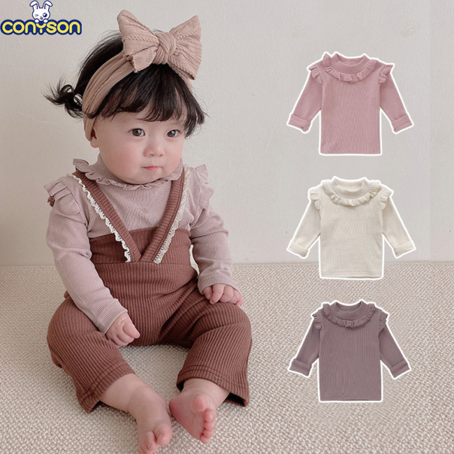 Conyson New Baby Korean Clothes Cotton Cute Pleated Ruffle Collar Long-Sleeved T-shirt Girl Sweet Princess Slim Legging Baby Set
